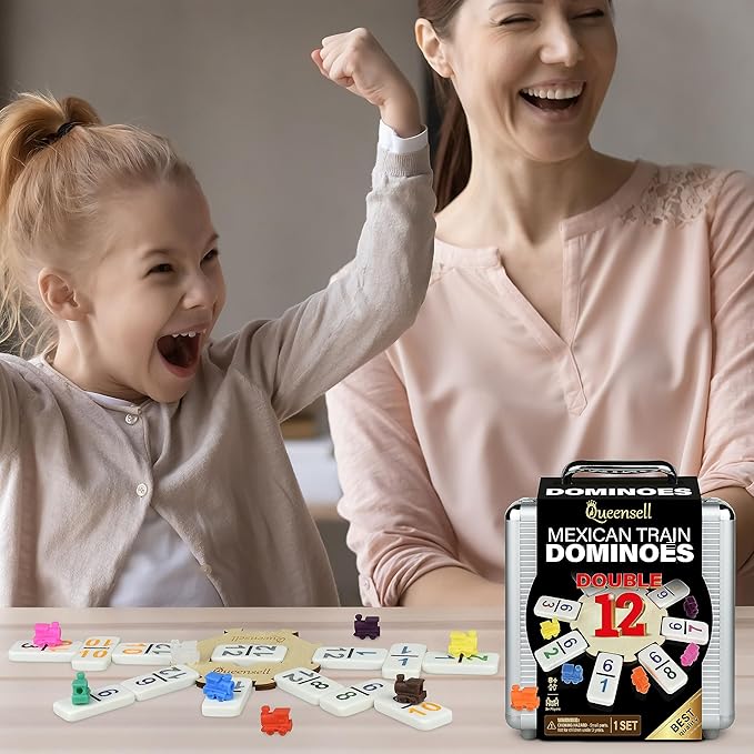 Queensell Mexican Train Dominoes Set with Numbers, Double 12 Dominoes Set for Adults, Mexican Dominoes Train for Adults and Family - Dominos Set 91 Tiles with Aluminum Case (Double 12 Numbers)