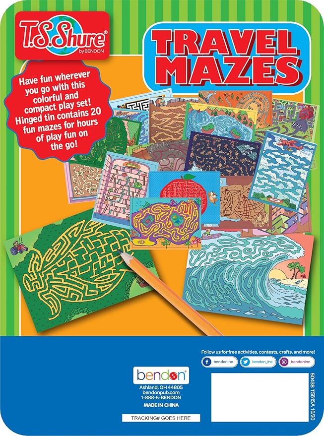 Bendon TS Shure Travel Games Mazes Mini Activity Tin with 20 Illustrated Activity Sheets and Pencil and Tin 50438