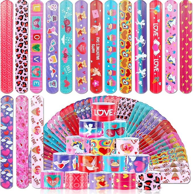 Valentine's Day Gifts for Kids Party Favors 48PC Valentine's Slap Bracelets for Kids Gifts for Students and Classes Valentine's Treats for Children Valentine's Bracelets Goodie Bag Fillers for Kids