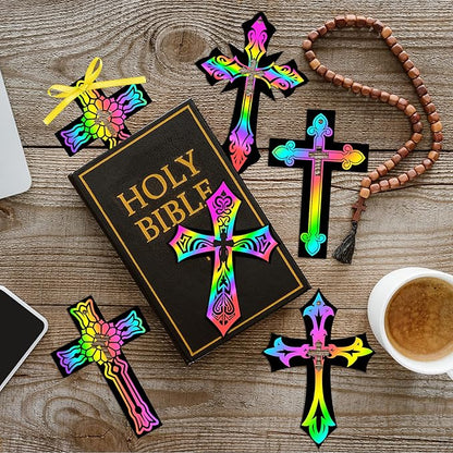 BeYumi 90Pcs Scratch Cross Ornaments DIY Magic Rainbow Color Scratch Cards Paper Art Party Favors Sunday School Classroom Decor Supplies Crafts Kit Religious Christian Birthday Gifts for Kids