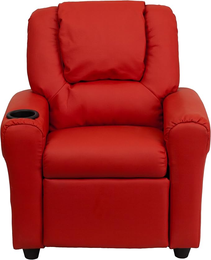 Flash Furniture Vana Vinyl Kids Recliner with Cup Holder, Headrest, and Safety Recline, Contemporary Reclining Chair for Kids, Supports up to 90 lbs., Red