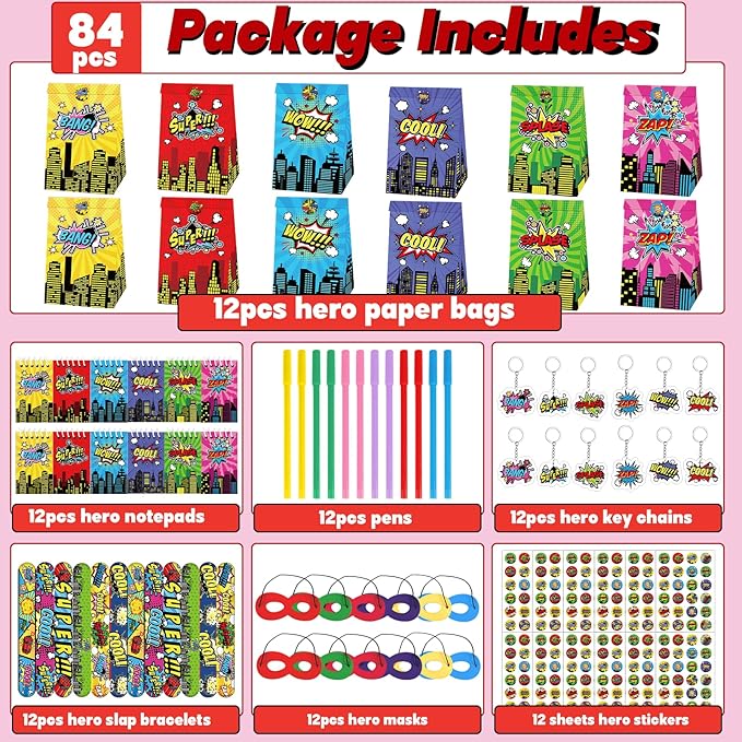 84pcs Hero Themed Super Party Favors with Colorful Paper Gift Bag Notepad Pen Slap Bracelet Key Chain Eye Mask Sticker Comic Hero Themed Party Supplies for Boy Girl Birthday Classroom Games Activities