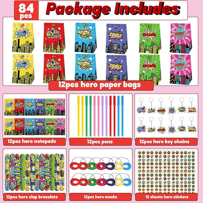 84pcs Hero Themed Super Party Favors with Colorful Paper Gift Bag Notepad Pen Slap Bracelet Key Chain Eye Mask Sticker Comic Hero Themed Party Supplies for Boy Girl Birthday Classroom Games Activities