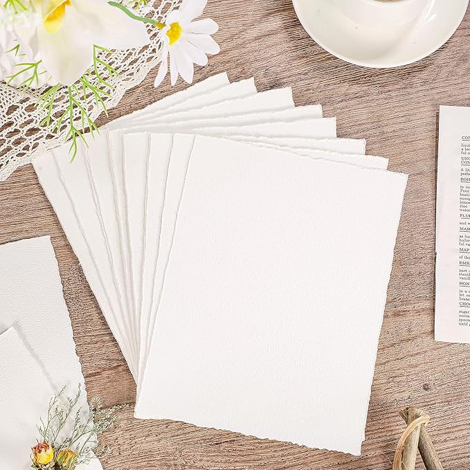 25 Sheets Watercolor Paper, 300 GSM Deckled Edge Paper 6 x 8 inch Rough/Textured Handmade Paper Cotton Paper White Textured Paper for Watercolors, Wedding Invitations, Cards, Crafts