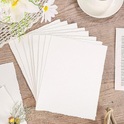 25 Sheets Watercolor Paper, 300 GSM Deckled Edge Paper 6 x 8 inch Rough/Textured Handmade Paper Cotton Paper White Textured Paper for Watercolors, Wedding Invitations, Cards, Crafts