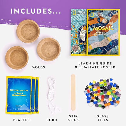 National Geographic Mosaic Arts and Crafts Kit for Kids - Mosaic Kit for Creating 3 Glass Tile Mosaic Art Projects, Includes Glass Tiles, Templates, Plaster & More, Art Supplies, Mosaic Kits for Kids