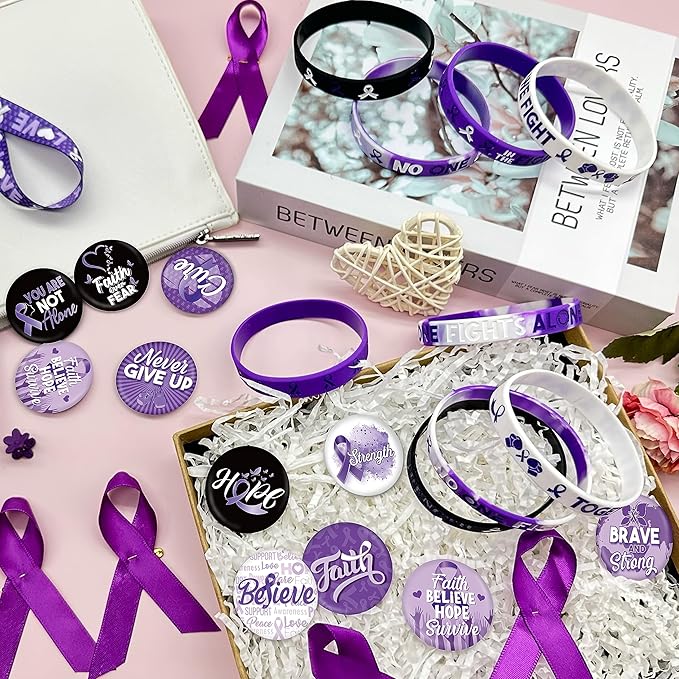 60 Pcs Purple Ribbon Awareness Accessories Stuff Include Purple Ribbon Silicone Bracelet Rubber Wristband and Lapel Buttons Pins for Animal Abuse, Alzheimer's Pancreatic Cancer Gifts Party Supplies