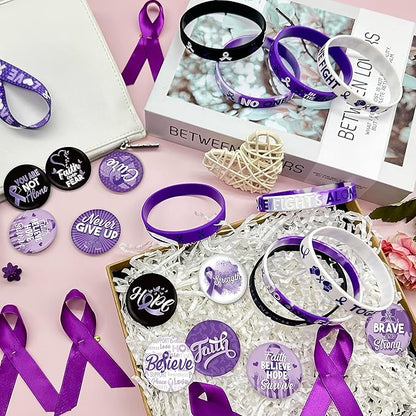 60 Pcs Purple Ribbon Awareness Accessories Stuff Include Purple Ribbon Silicone Bracelet Rubber Wristband and Button Badges Pins for Animal Abuse, Alzheimer's Pancreatic Cancer Gifts Party Supplies