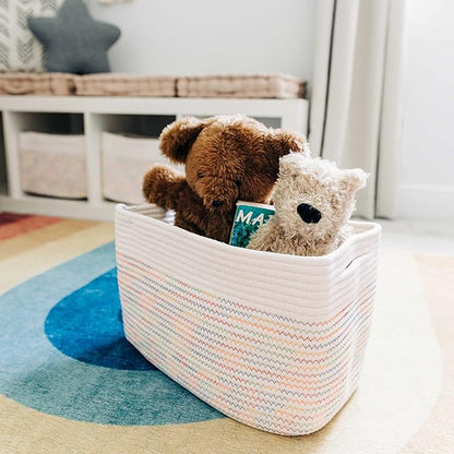 OrganiHaus Rainbow Basket - Colorful Woven Storage Basket for Playroom, Nursery & Classroom Decor & Toy Storage, Rainbow Stitches 15x9x10