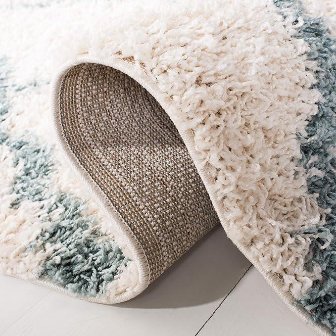 SAFAVIEH Dallas Shag Collection 2'3" x 8' Ivory / Seafoam SGDS257J Trellis Non-Shedding Living Room Bedroom Dining Room Entryway Plush 1.5-inch Thick Runner Rug