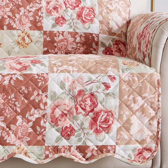 Great Bay Home Reversible Floral Patchwork Furniture Protector Scalloped Edge Stain Resistant Printed Furniture Protector Maribel Collection (Loveseat, Burgundy/Taupe)