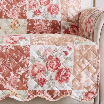 Great Bay Home Reversible Floral Patchwork Furniture Protector Scalloped Edge Stain Resistant Printed Furniture Protector Maribel Collection (Loveseat, Burgundy/Taupe)