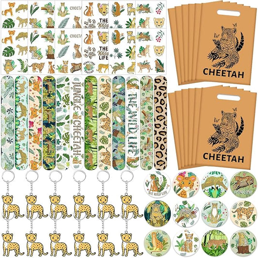 Cheetah Party Favors Cheetah Theme Slap Bracelets Key Chains Badge Temporary Tattoos Gift Bags for Kids Jungle Leopard Cheetah Birthday Party Baby Shower Safari Party Supplies