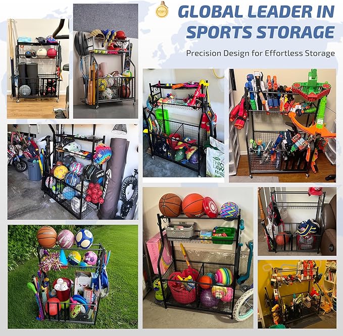 PLKOW Sports Equipment Storage for Garage, Indoor/Outdoor Sports Rack for Garage, Ball Storage Garage Organizer with Basket and Hooks,Toy/Sports Gear Storage