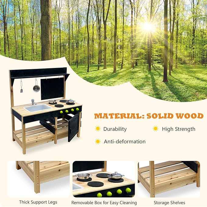 Mud Kitchen Playset for, Outdoor Wooden Toy Play Kitchen Set for Boys and Girls, Kitchen Accessories and Garden Sink with Faucet, Blackboard, Cookware Pot (Black)