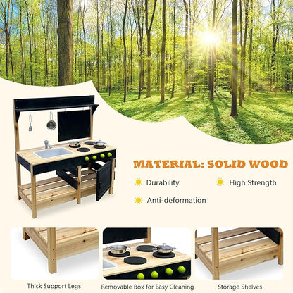 Mud Kitchen Playset for, Outdoor Wooden Toy Play Kitchen Set for Boys and Girls, Kitchen Accessories and Garden Sink with Faucet, Blackboard, Cookware Pot (Black)