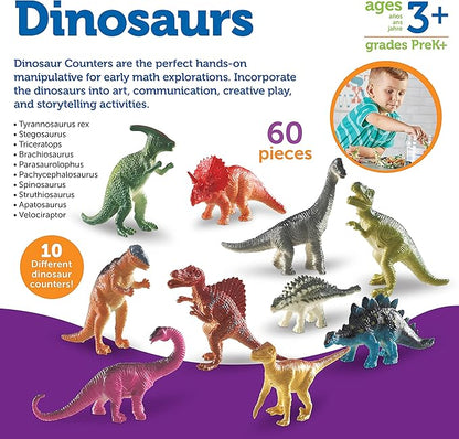 Learning Resources Dinosaur Counters, Set of 60 Colored Dinosaurs, Fine Motor Toy, Ages 3+, multi-color