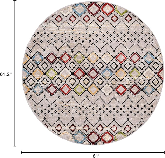 SAFAVIEH Amsterdam Collection 5 feet 1 inch x 5 feet 1 inch Round Light Grey / Multi AMS108G Moroccan Boho Non-Shedding Dining Room Entryway Foyer Living Room Bedroom Area Rug
