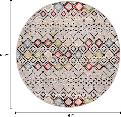 SAFAVIEH Amsterdam Collection 5 feet 1 inch x 5 feet 1 inch Round Light Grey / Multi AMS108G Moroccan Boho Non-Shedding Dining Room Entryway Foyer Living Room Bedroom Area Rug
