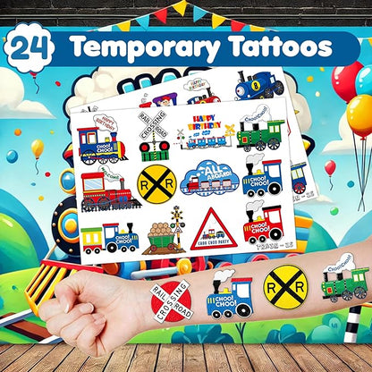 48PCS Train Party Favors - 24PCS Tattoos & 24PCS Slap Bracelets - Train-Themed Birthday Supplies, Decorations, Classroom Prizes, Carnival Rewards, Gifts for Boys & Girls