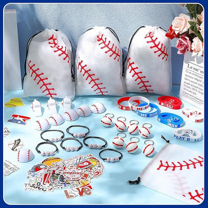 Aoriher 194 Pcs Baseball Party Favors Set Sport Silicone Bracelet Sport Car Keychain Whistle for Girls Boys Birthday Gifts Sport Themed Party Supplies