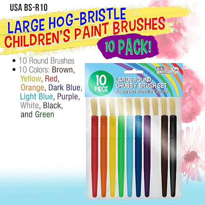 U.S. Art Supply 10-Piece Large Round Chubby Hog Bristle Paint Brushes Set – Durable Craft Paint Brushes, Easy-Grip Paint Brushes for Classroom, Watercolor & Poster Painting, Beginners Kit