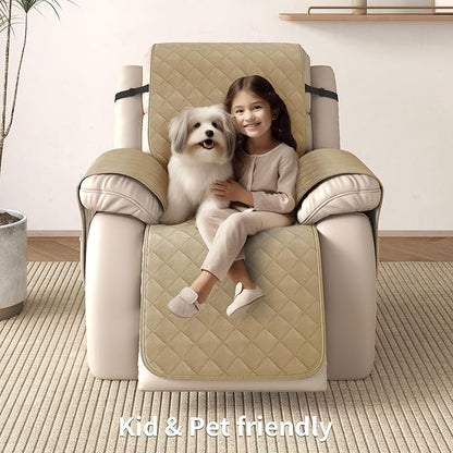 CHUN YI Recliner Chair Cover, Non-Slip Recliner Covers That Stay in Place, Washable Lazy Boy Recliner Covers with Pockets, Water Resistant Recliner Slipcover for Pets (Khaki, Large Recliner)