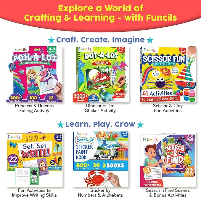 Funcils Toddler Scissor Skills - Art Supplies & Crafts Kit for Kids, Safety Scissors, Fine Motor Toys, Montessori Gifts for Boys & Girls Ages 3, 4, 5, 6, 7 Year Old, Preschool Learning Activity Books