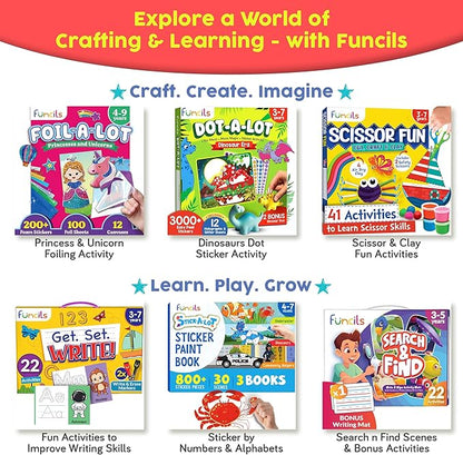 Funcils Toddler Scissor Skills - Art Supplies & Crafts Kit for Kids, Safety Scissors, Fine Motor Toys, Montessori Gifts for Boys & Girls Ages 3, 4, 5, 6, 7 Year Old, Preschool Learning Activity Books