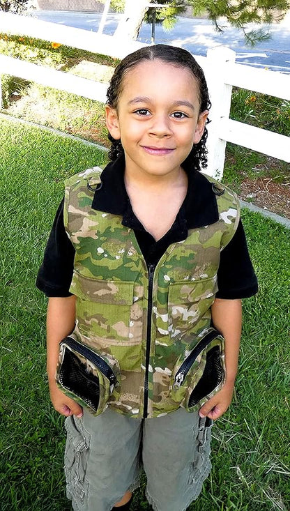 Kids Cargo Vest Set Camouflage Vest and Hat Youth S/M Fits Kids Size 4-7 (Camouflage (Hat and Vest), Small/Medium)