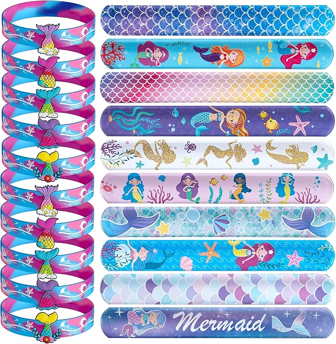 Mermaid Party Favors 30 Pcs Silicone Wristband Slap Bracelets Goody Bag Favors for Boys Girls Mermaid Birthday Party Under The Sea Themed Baby Shower Supplies