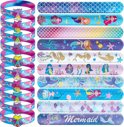 Mermaid Party Favors 30 Pcs Silicone Wristband Slap Bracelets Goody Bag Favors for Boys Girls Mermaid Birthday Party Under The Sea Themed Baby Shower Supplies