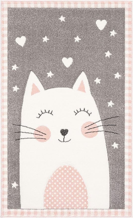 SAFAVIEH Carousel Kids Collection Accent Rug - 2'3" x 4', Pink & Grey, Cat Design, Non-Shedding & Easy Care, Ideal for High Traffic Areas for Boys & Girls in Playroom, Nursery, Bedroom (CRK134P)