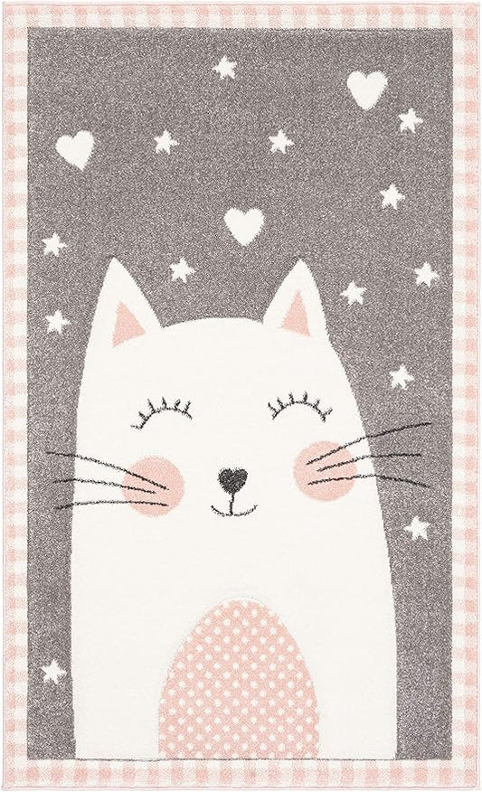 SAFAVIEH Carousel Kids Collection Accent Rug - 2'3" x 4', Pink & Grey, Cat Design, Non-Shedding & Easy Care, Ideal for High Traffic Areas for Boys & Girls in Playroom, Nursery, Bedroom (CRK134P)