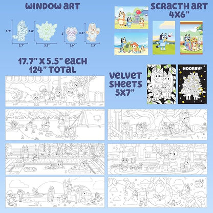 Bluey Ultimate Activity Backpack, 10+ Activities, Includes Backpack with 4 Sticker Suncatchers with 4 Suction Cups, 4 Surprise Scratch Arts, 2 Velv-its Posters, 1 Coloring Roll, 4 Markers, Kid Gifts