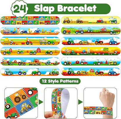 48PCS Tractor Party Favors - 24PCS Tattoos & 24PCS Slap Bracelets - Farm-Themed Birthday Supplies, Green Tractor Decorations, Classroom Prizes, Gifts for Boys & Girls
