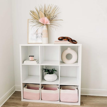 OrganiHaus Cotton Rope Basket for Shelf - Woven Storage Basket for Organizing, Closet & Toy Storage - Pink/Off-White - 15x9x10