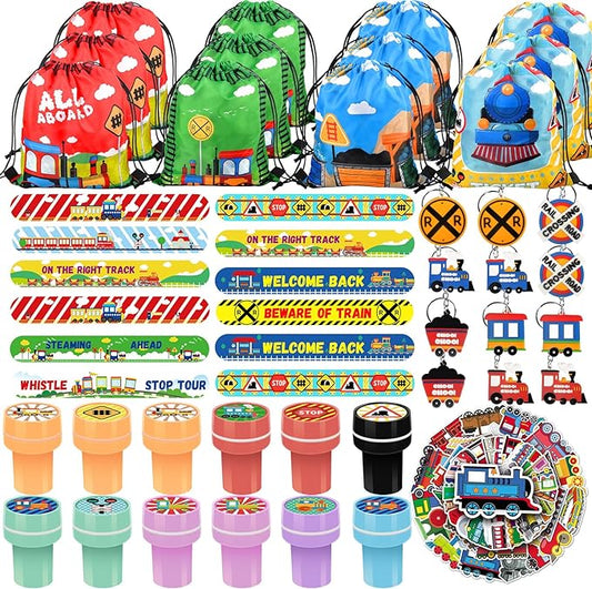 98 Pcs Train Party Favors,Train Print Party Supplies Include Stickers Stamps Keychains Slap Bracelets and Drawstring Bags Party Decorations for Kids TrainTheme Birthday supplies (A-Train)