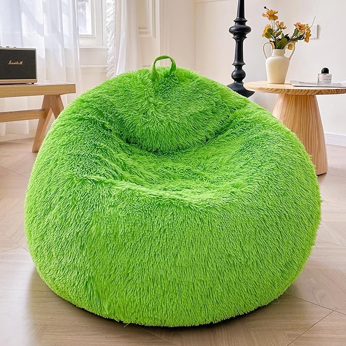 XeGe Fluffy Stuffed Animal Storage Bean Bag Chair Cover(No Filler), Faux Fur Washable Soft Bean Bag Cover for Plush Toys or Textile, Plush Shaggy Large Bean Bag for Adults Kids Teens, Lime Green