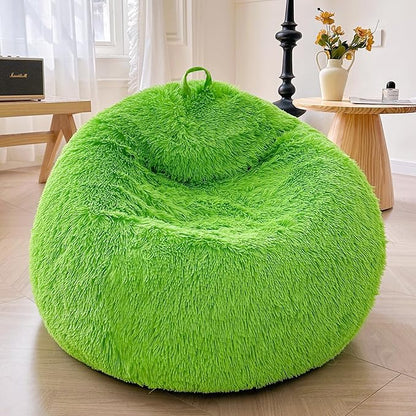 XeGe Fluffy Stuffed Animal Storage Bean Bag Chair Cover(No Filler), Faux Fur Washable Soft Bean Bag Cover for Plush Toys or Textile, Plush Shaggy Large Bean Bag for Adults Kids Teens, Lime Green