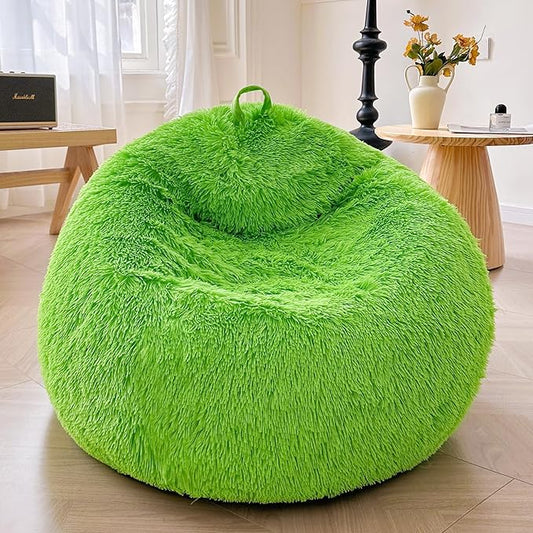 XeGe Fluffy Stuffed Animal Storage Bean Bag Chair Cover(No Filler), Faux Fur Washable Soft Bean Bag Cover for Plush Toys or Textile, Plush Shaggy Large Bean Bag for Adults Kids Teens, Lime Green