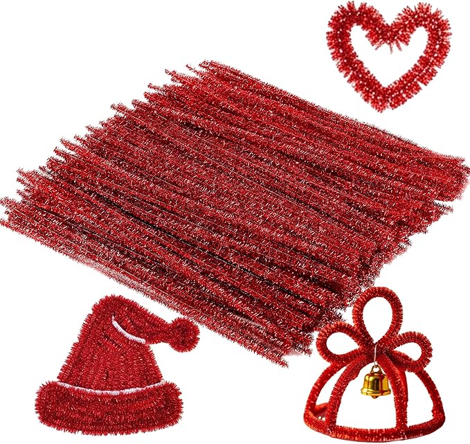 Caydo 200 Pieces Glitter Red Pipe Cleaners,Thick Fluffy Chenille Stems, Pipe Cleaner Crafts for Arts & Crafts, Perfect for Making Animals, Flowers, and Mother's Day Decorations