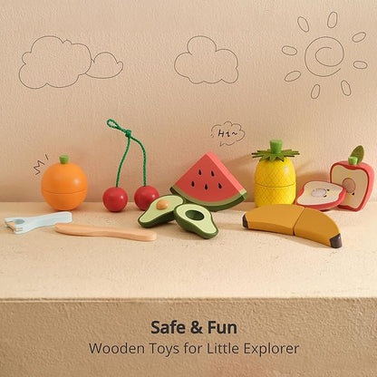 PairPear Wooden Toys Play Food Sets for Kids Kitchen, Kids Toy Food Cutting Fruit Set for Toddlers 3+ Years Old, Pretend Food Play Kitchen Accessories for Girls and Boys