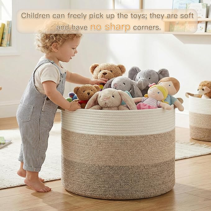 Artfeel 70L Large Cotton Rope Basket, Decorative Woven Blanket Storage for Living Room, Boho Toy Storage & Toy Box for Kids, Versatile Laundry Basket & Nursery Hamper for Blankets(BrownYellow)