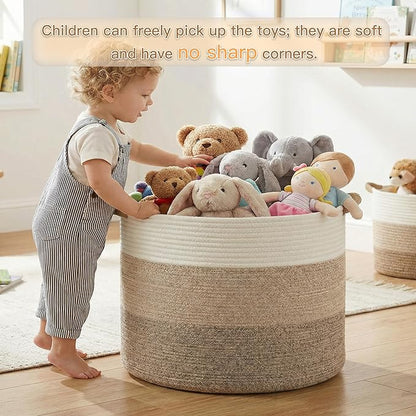Artfeel 70L Large Cotton Rope Basket, Decorative Woven Blanket Storage for Living Room, Boho Toy Storage & Toy Box for Kids, Versatile Laundry Basket & Nursery Hamper for Blankets(BrownYellow)
