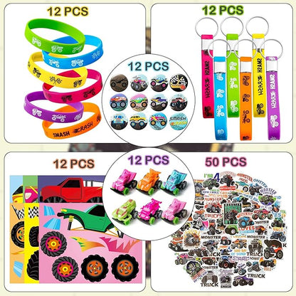ANGOLIO 110Pcs Monster Truck Party Favors Kits, Favors All-in-One Pack Party Supplies Include Monster Truck Stickers Keychain Bracelet Badge Car Face Stickers for Boys Kids Birthday Party Supplies