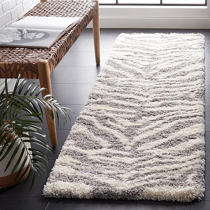SAFAVIEH Portofino Shag Collection Runner Rug - 2'3" x 9', Ivory & Grey, Zebra Abstract Design, Non-Shedding & Easy Care, 2-inch Thick Ideal for High Traffic Areas in Living Room, Bedroom (PTS215A)