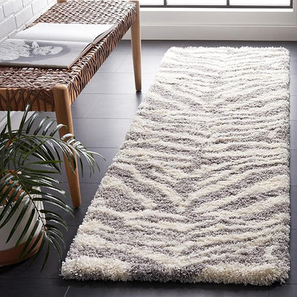 SAFAVIEH Portofino Shag Collection Runner Rug - 2'3" x 9', Ivory & Grey, Zebra Abstract Design, Non-Shedding & Easy Care, 2-inch Thick Ideal for High Traffic Areas in Living Room, Bedroom (PTS215A)