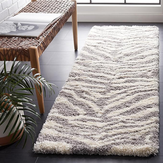 SAFAVIEH Portofino Shag Collection Runner Rug - 2'3" x 13', Ivory & Grey, Zebra Pattern Design, Plush 2-inch Thick, Ideal for High Traffic Areas in Living Room, Bedroom, Dining (PTS215A-213)