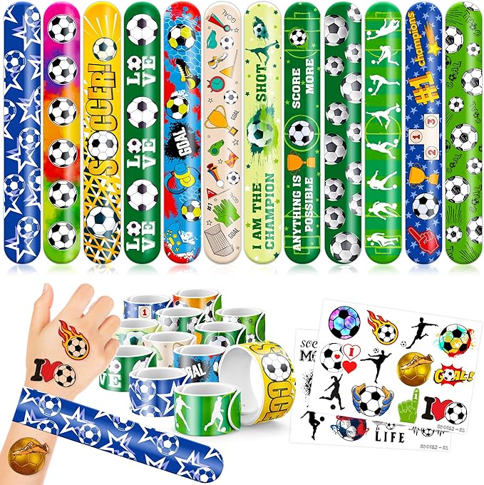 48PCS Soccer Party Favors - 24PCS Tattoos & 24PCS Slap Bracelets - Football-Themed Birthday Supplies, World Cup Decorations, Classroom Prizes, Gifts for Boys & Girls